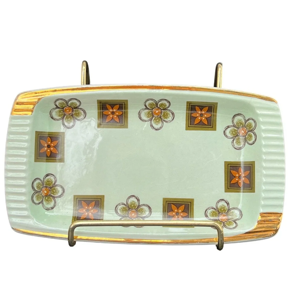 Trinket Dish Royal Winton Grimwades Sage‎ Green Floral Gold Mid Century Ceramic